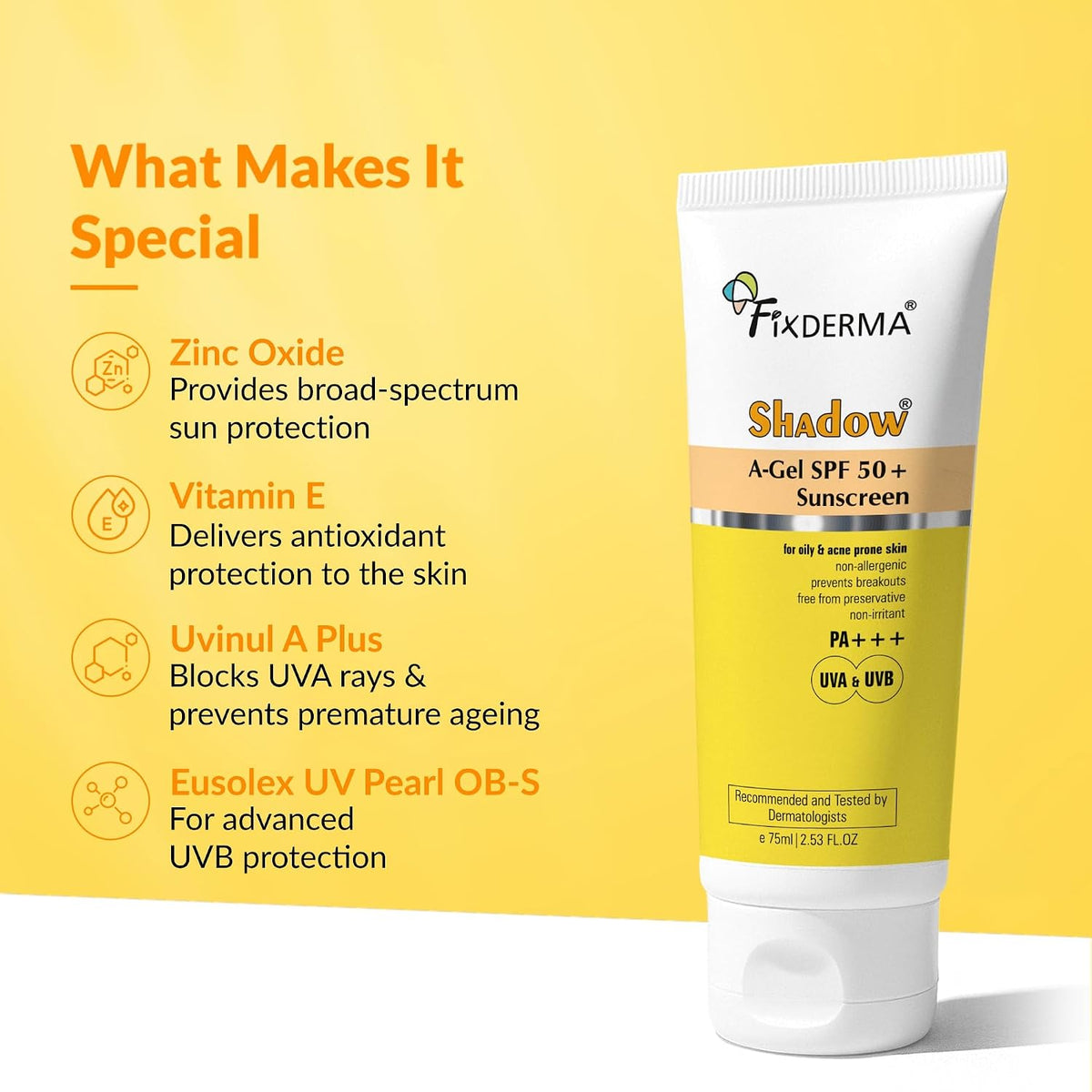 Fixderma Shadow A-Gel SPF 50+ Sunscreen PA+++ | For Oily & Acne-Prone Skin | Lightweight | Non-Greasy | No White Cast | Broad Spectrum For UVA & UVB Protection