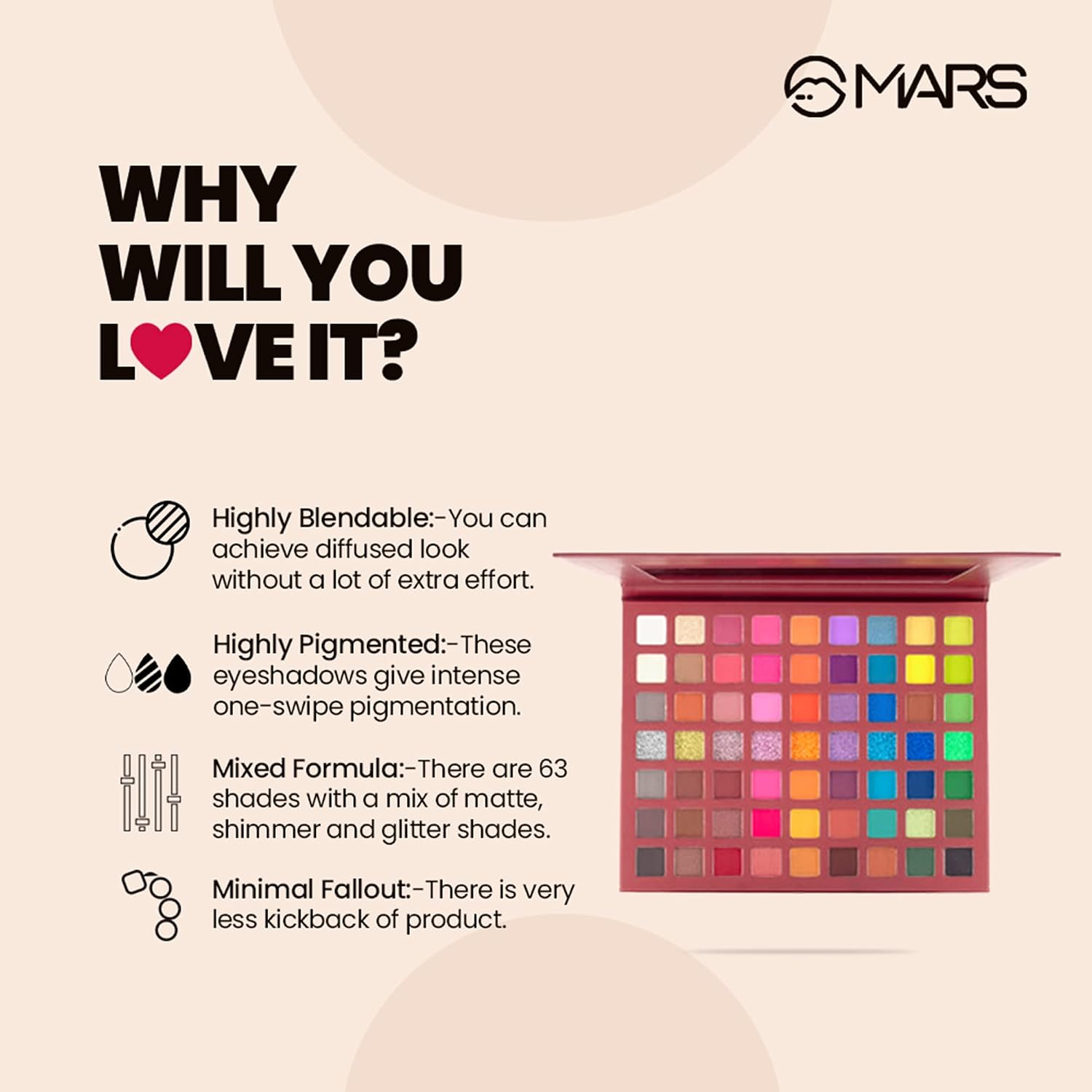 MARS Eyes Can Kill Eyeshadow Palette with 63 Bright Colors | Matte & Shimmer Finish,Highly Pigmented, Blendable and Buildable with Minimal Fallout (63.0 gm) (Multicolor)