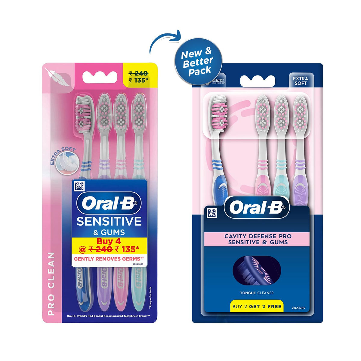 Oral-B Pro Clean Sensitive Extra Soft Manual Toothbrush For Adults, Extra Soft bristles, Gently Removes Germs, Multicolour Toothbrush Set,Dentist Recommended Br