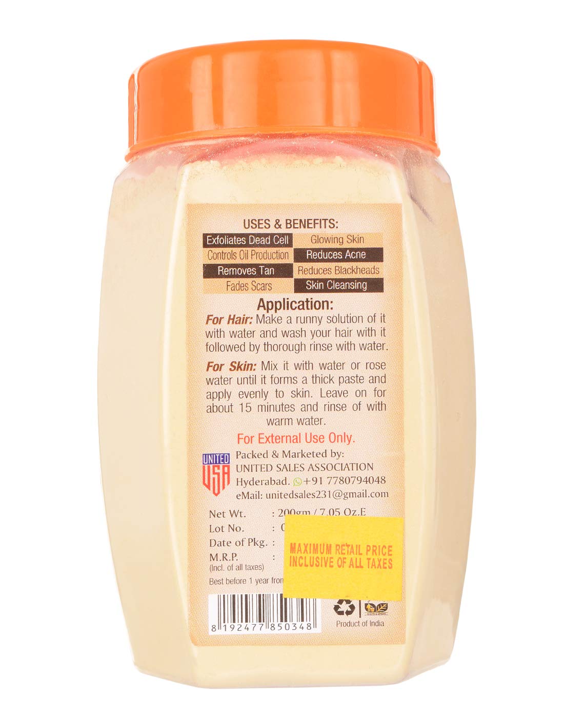 United's Pure & Natural Multani Mitti Powder (Fuller's Earth) 200 Grams For Face, Skin ,Hair Care.