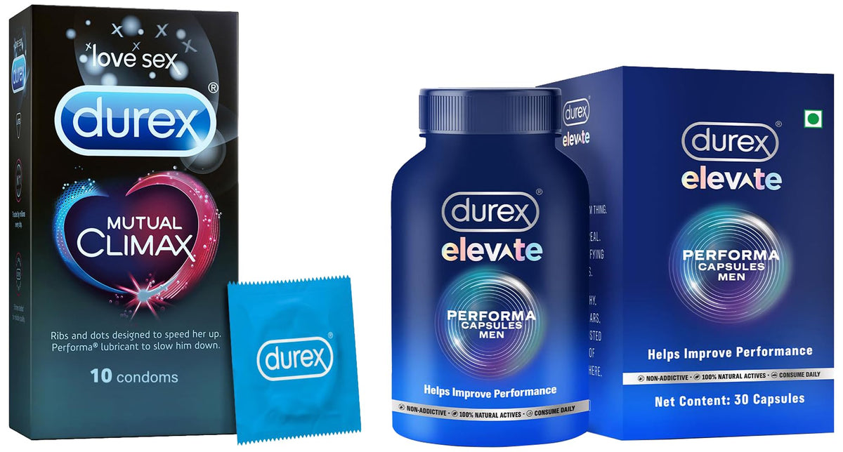 Durex Elevate Performa Shilajit Capsules For Men with Durex Mutual Climax Condoms for Men & Women | Dotted | 10 Count