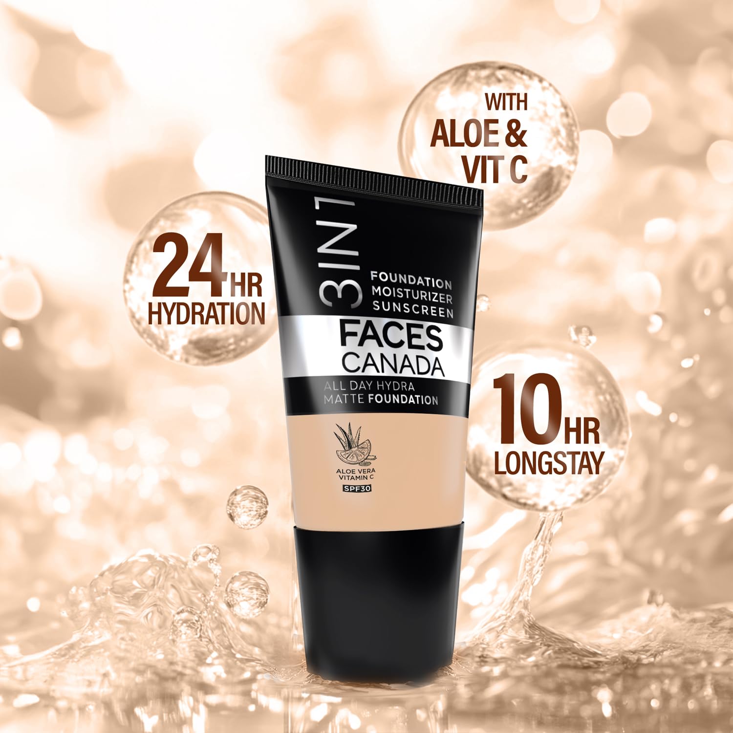 FACESCANADA Cream All Day Hydra Matte Foundation - Mini | 3in1 Foundation + Moisturizer + SPF 30 | 24 HR Aloe Hydration & Vitamin C | 10HR Wear | Medium to High Buildable Coverage | Rose Ivory(18 ml)