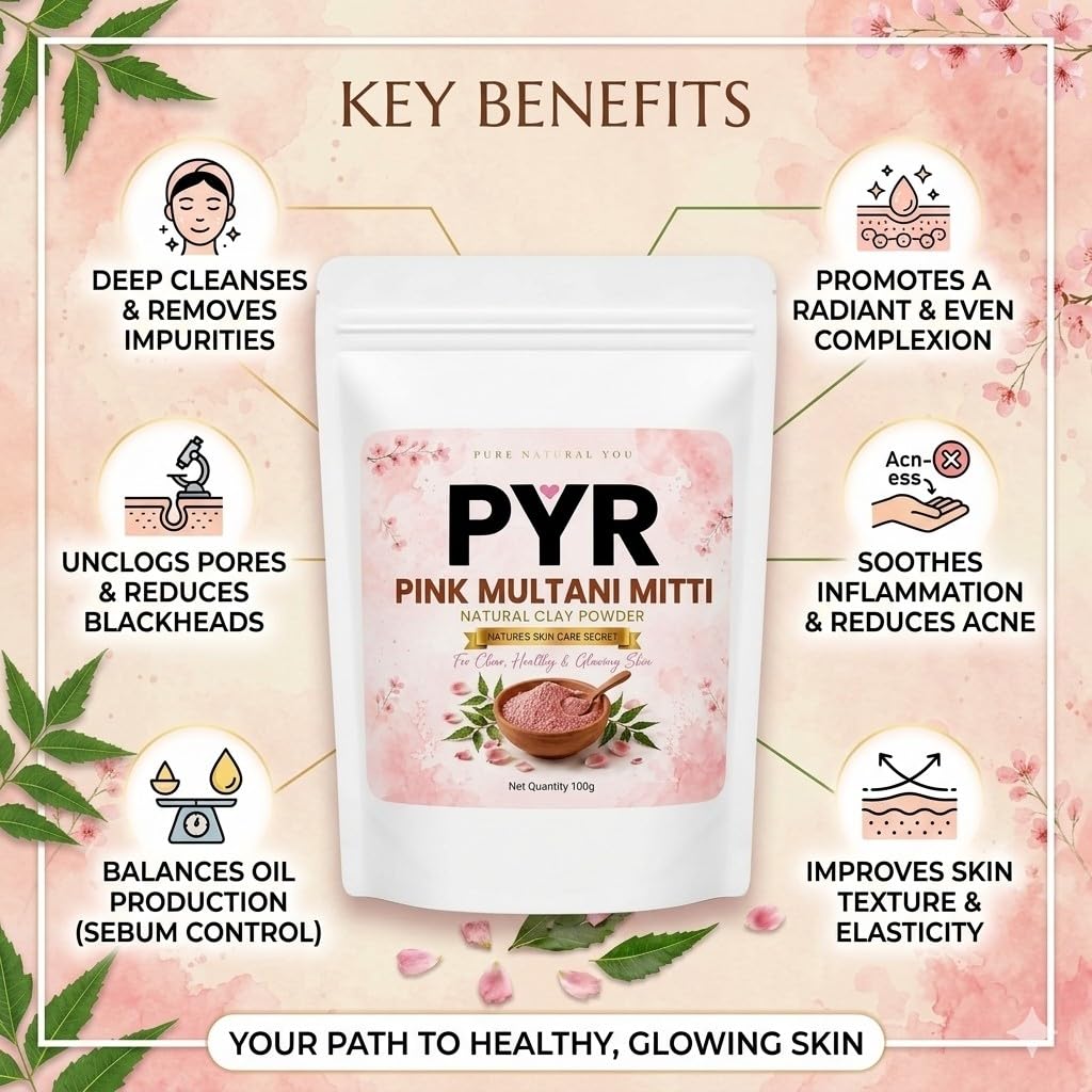 PYR- NATURAL PINK MULTANI MITTI POWDER FOR FACE, SKIN 100g