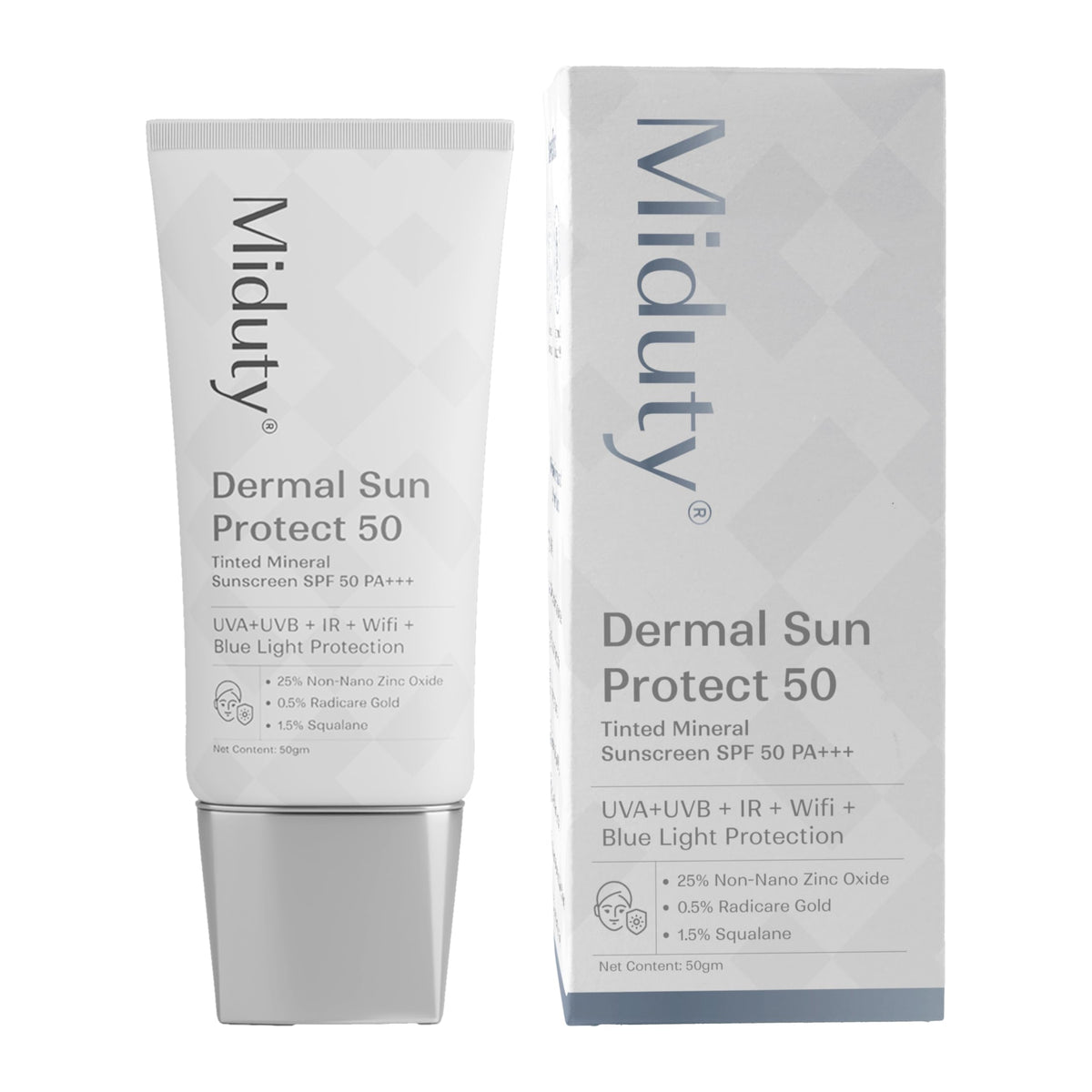 Miduty Dermal Sun Protect 50 | 100% Mineral Sunscreen with SPF 50 PA+++ for UV, Wi-Fi, Blue Light, & IR Protection | Lightweight, No White Cast | For All Skin T