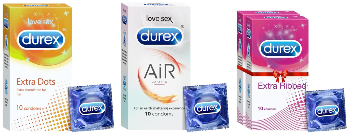 Durex Extra Ribbed & Dotted Condoms - 30 Count (Pack of 3) - Ribbed, Dotted, Lubricated, Natural, Unflavoured, 180mm x 53mm