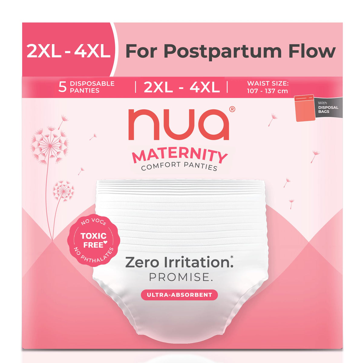 Nua 360° Comfort Maternity Panties 2XL-4XL (38-54 INCHES) | Pack of 5 | For Postpartum Bleeding and Clots | Absorbs Heavy Gushes | Zero Irritation | 4x Comfort