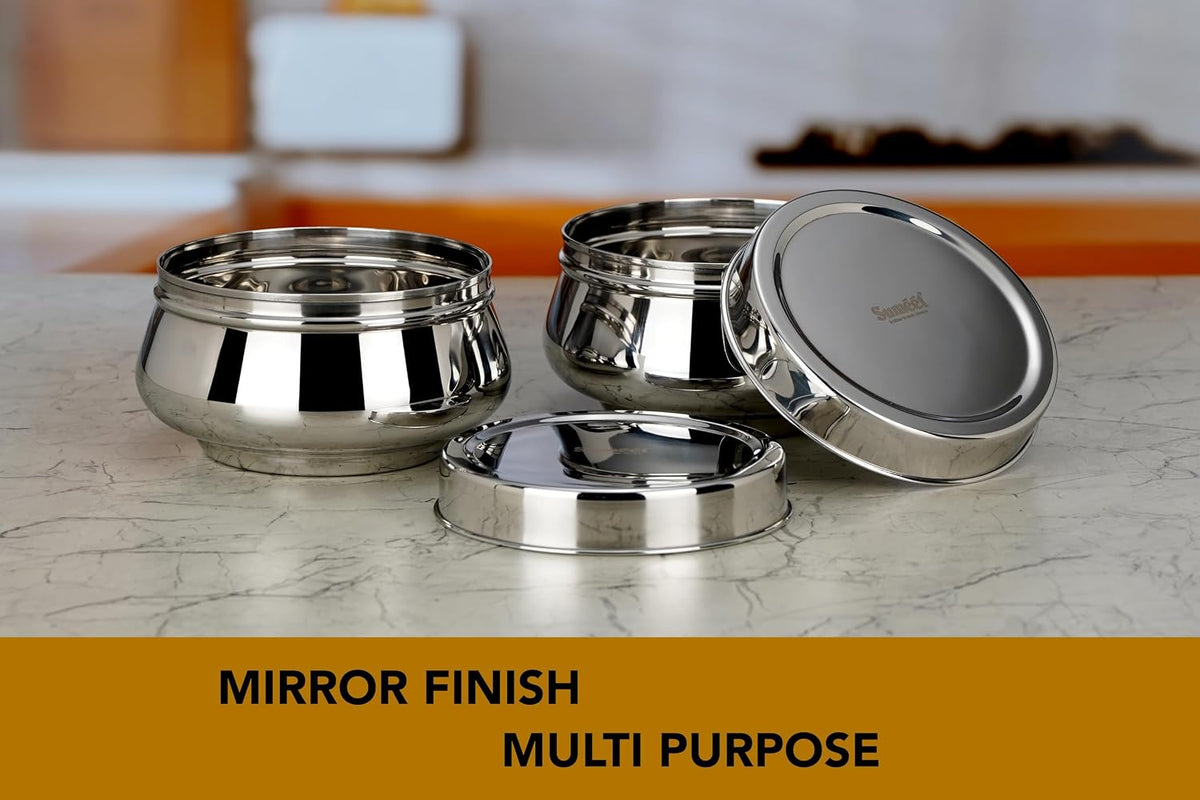 Sumeet Stainless Steel Handi Shape Canisters/Dabba/Storage Containers Set for kitchen 11.6cm Dia, 900ml, Pack of 2, Silver 900ml, 2 pcs