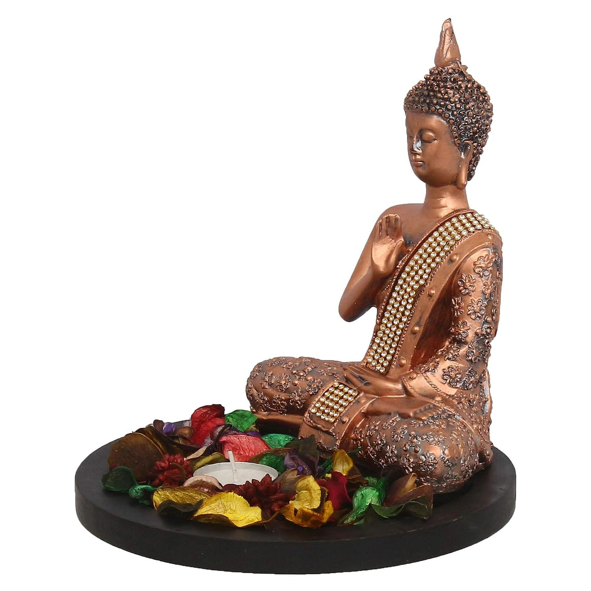 eCraftIndia Copper Finish Meditating Buddha Decorative Showpiece with Wooden Base, Fragranced Petals and Tealight MSGB531W1