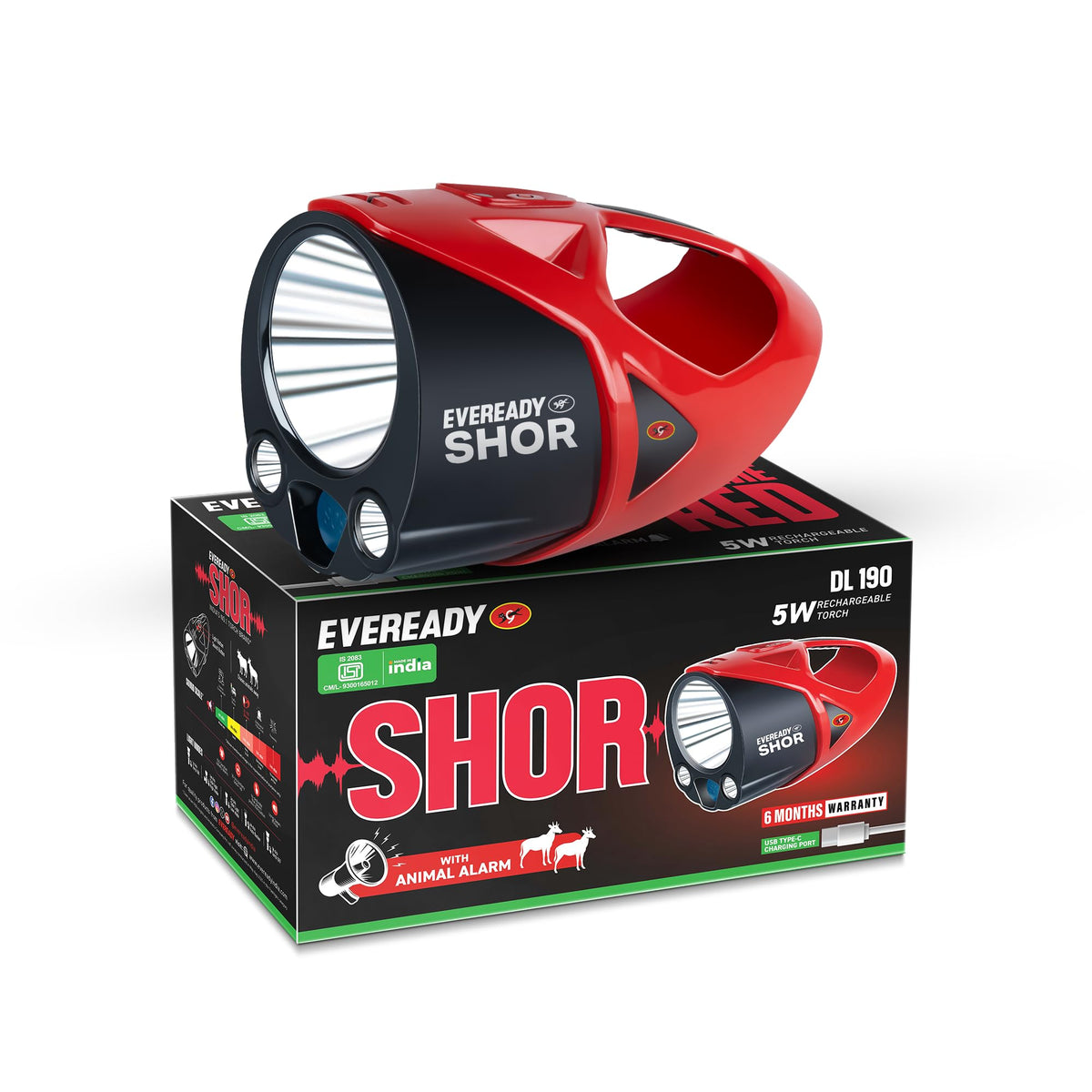EVEREADY Shor DL190, Commander Torch, 5W Front Light & 3W Sidelight, Rechargeable, USB Type-C Fast Charging, Light Strobe, 100 dBA Animal Alarm, Powered by Li-i