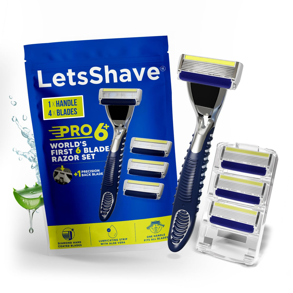 LetsShave Pro 6 Plus Shaving Razor Value Set, 4 Blades 1 Handle + Razor Cap, World's First 6-Blade with Precision Back Blade, Argan Oil & Aloe Vera Infused mois