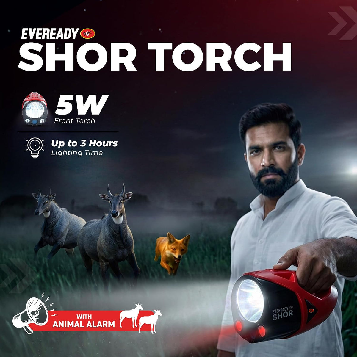 EVEREADY Shor DL190, Commander Torch, 5W Front Light & 3W Sidelight, Rechargeable, USB Type-C Fast Charging, Light Strobe, 100 dBA Animal Alarm, Powered by Li-i