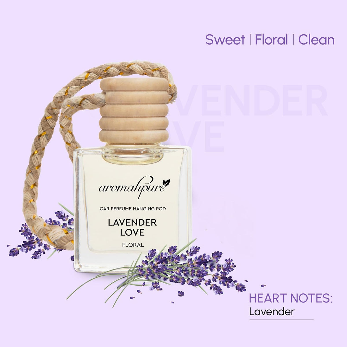 Aromahpure Premium Car Perfume Hanging Pod |10 ML |French Lavender Fragrance Car Air Freshener |Natural Fragrance Oils in Glass Bottle with Wooden Diffuser Lid