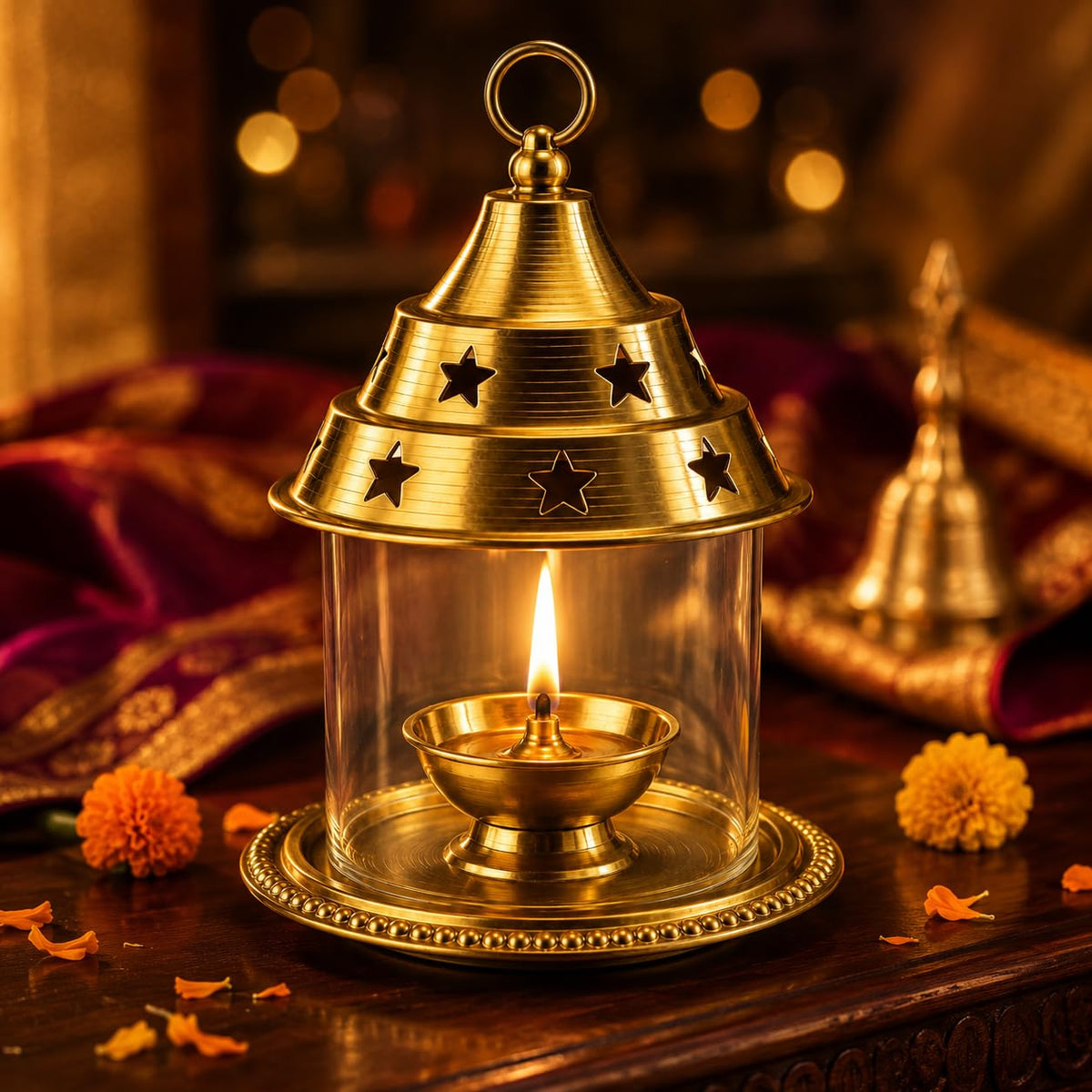 Akhand Diya for Pooja & Diwali, 8.5 Inch Brass with Glass Cover