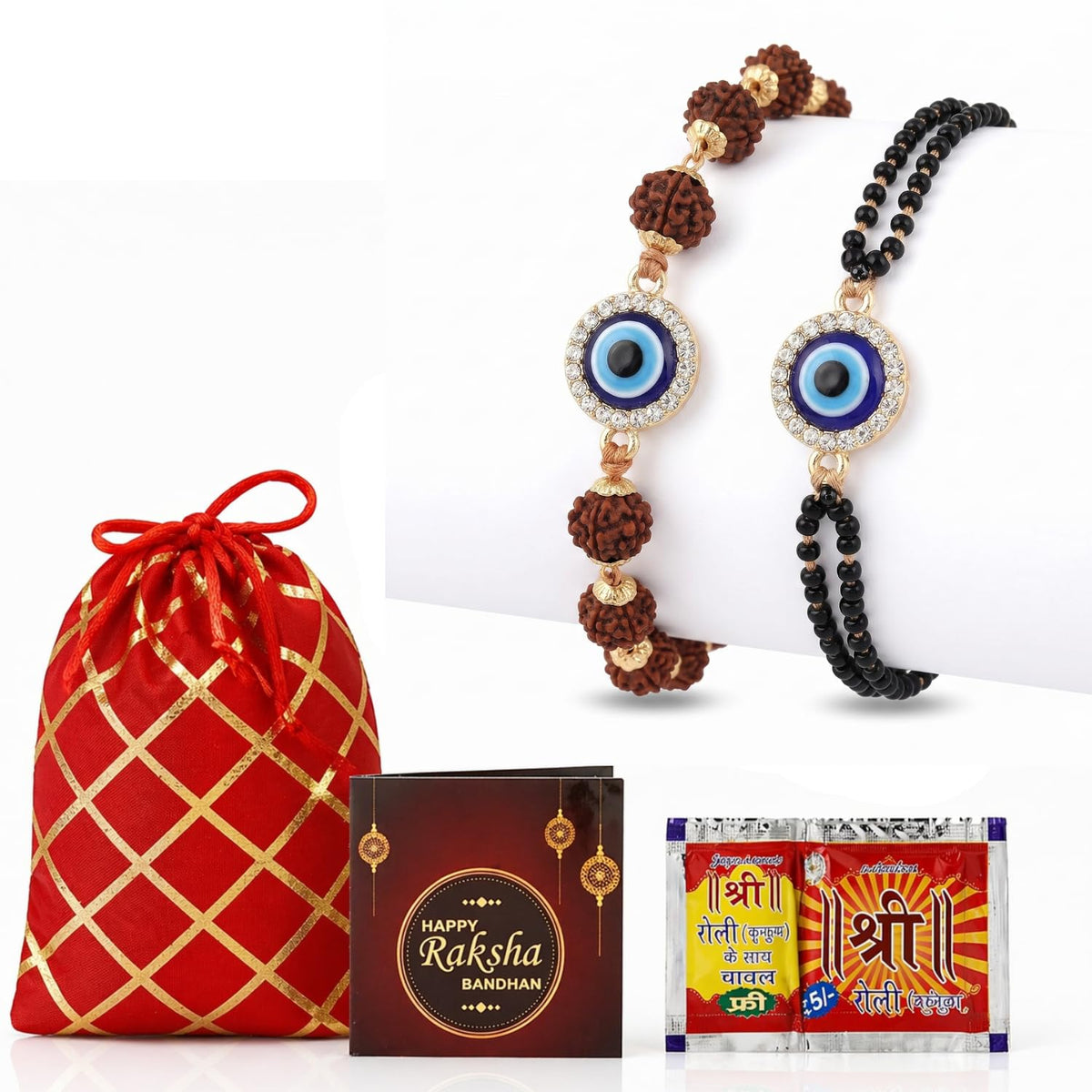 Kalakriti Handmade Rakhi for Brother and Bhabhi Combo Set of 2 With Designer Kundan Lumba Bracelet for Bhabhi With Roli Chawal, Raksha Bandhan Greeting Card and