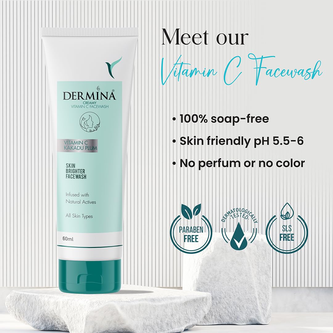DERMINA Creamy Vitamin C Face Wash with Kakadu Plum for Clean & Glowing Skin | Oil Free Skin & Instant Glow | For All Skin Types | Women & Men | Pack of 2 | 60