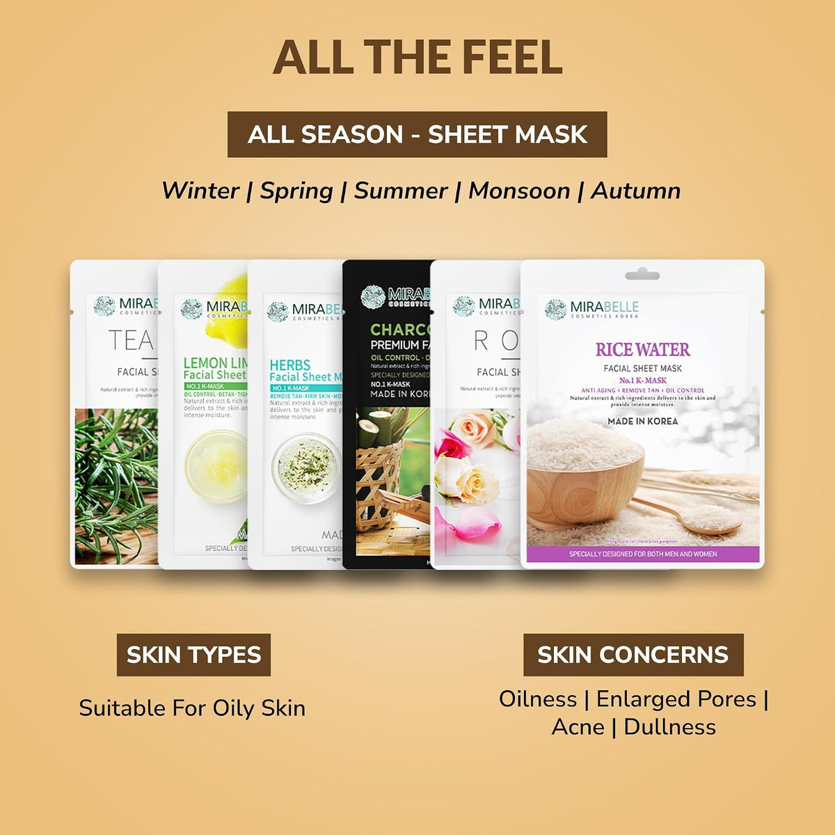 MIRABELLE COSMETICS KOREA Oily Skin Facial Sheet Mask Combo (Pack of 6)