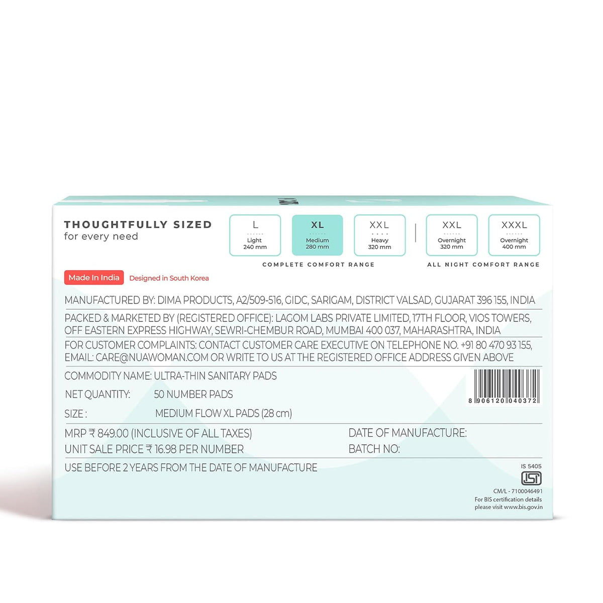 Nua Complete Comfort Sanitary Pads for Sensitive Skin | Pack of 50 Pads (12 Heavy Flow, 20 Medium Flow, 18 Light Flow) with Disposal covers | Zero Irritation |