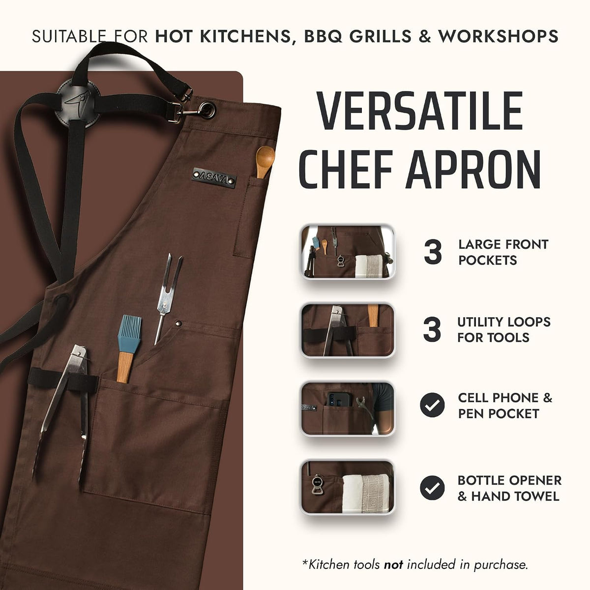 Asaya Chef Apron for Men and Women + Hand Towel and Bottle Opener - 10oz Canvas Brown