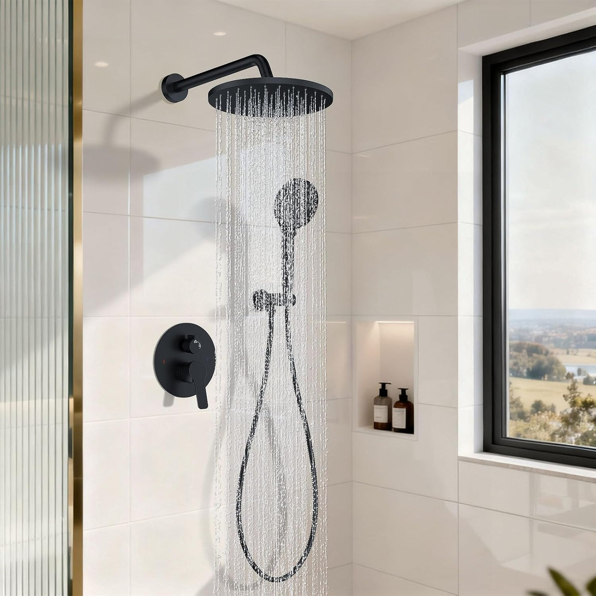 Iriber Mattle Black Round Rain Shower System Faucet Set，Filtered Shower Head with Handheld, Modern Bathroom 9 Spray Mode Showerhead with Filters,Shower Valve Tr