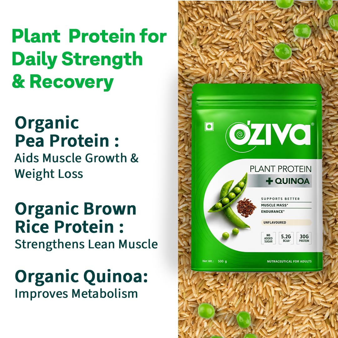 OZiva Plant Protein Powder, Pea Isolate, Vegan, Unflavoured, 500g Unflavoured 500 g (Pack of 1, without Shaker)