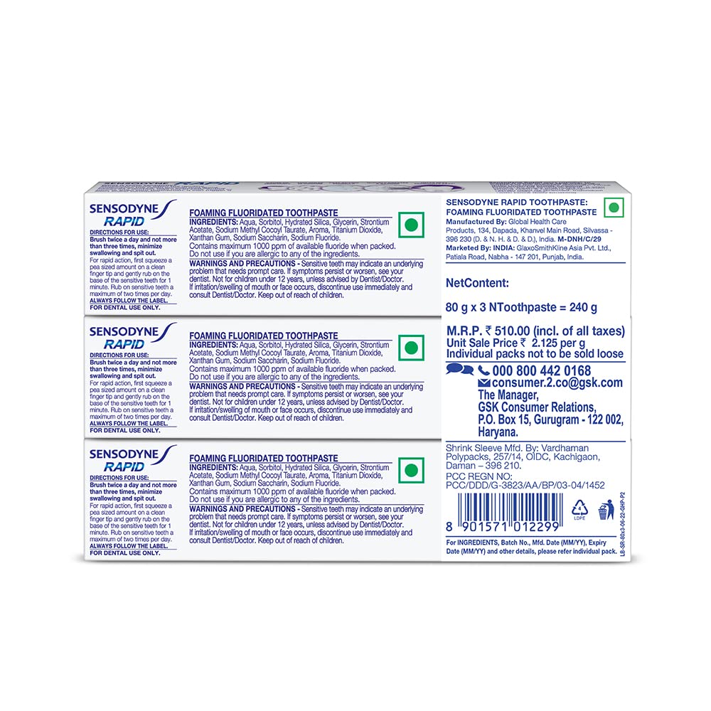 Sensodyne Toothpaste Rapid Combo pack, Sensitive tooth paste to help beat sensitivity fast, 240 gm multi-pack (80 gm x 3)