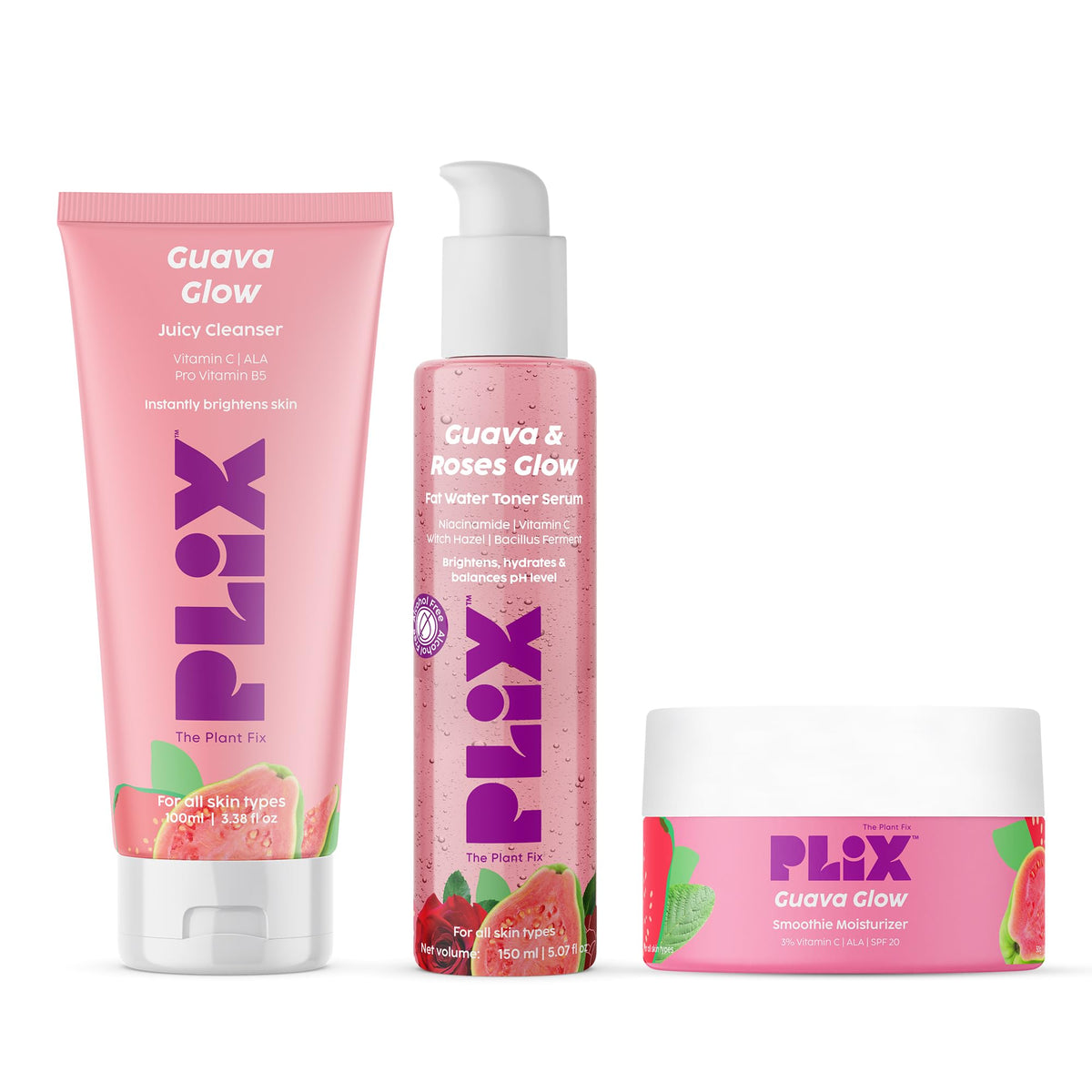 PLIX - THE PLANT FIX Guava & Roses Regime for Glowy Skin| Hydrating Cleanser| 2-in-1 Toner Serum| Smoothie Moisturizer| | Promotes Hydration & Skin Brightening|