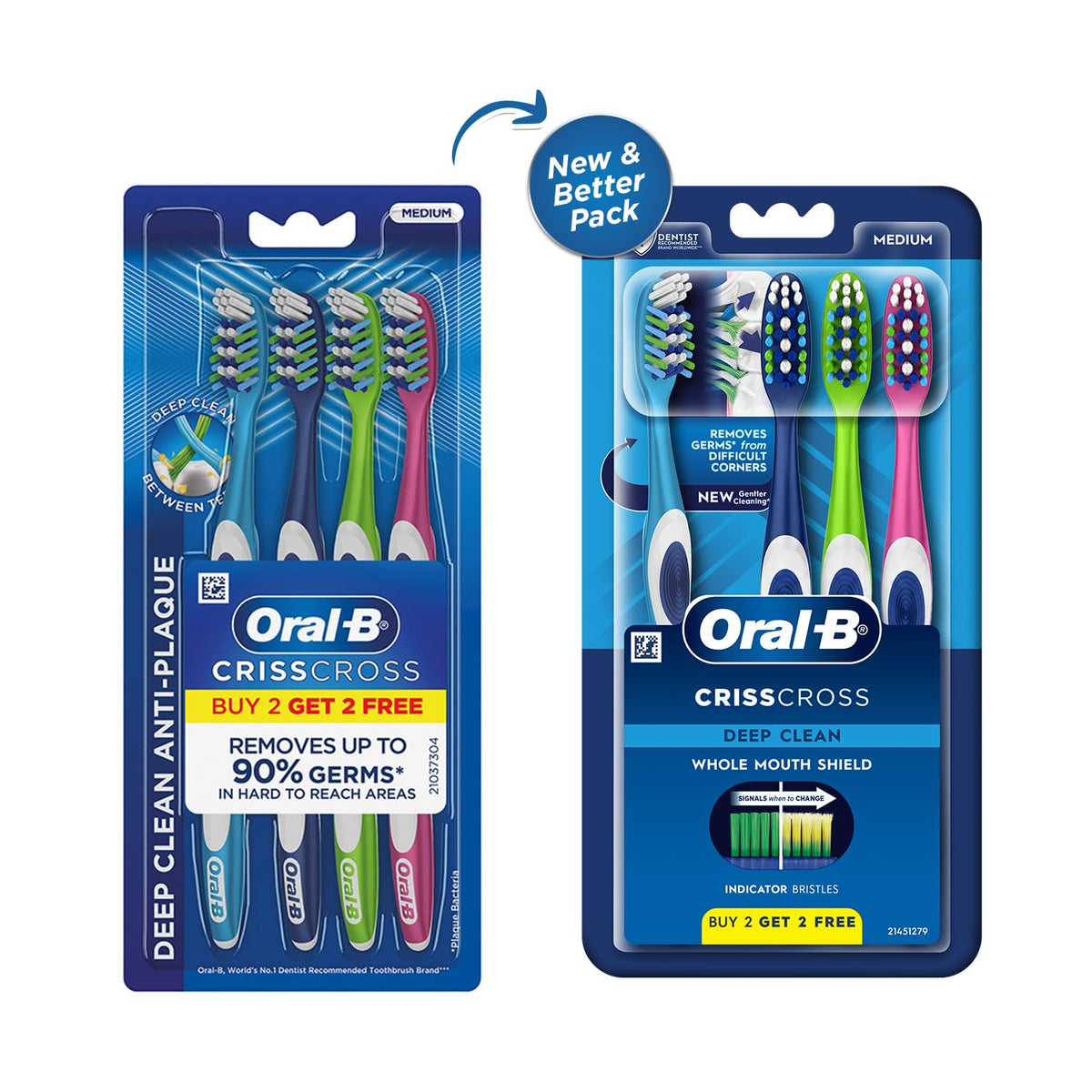 Oral-B Criss Cross Deep Clean Medium Bristles Manual Toothbrush For Adults,Tongue Cleaner, Multicolour Tooth Brush Set, Oral B Dentist Recommended Brand (Family