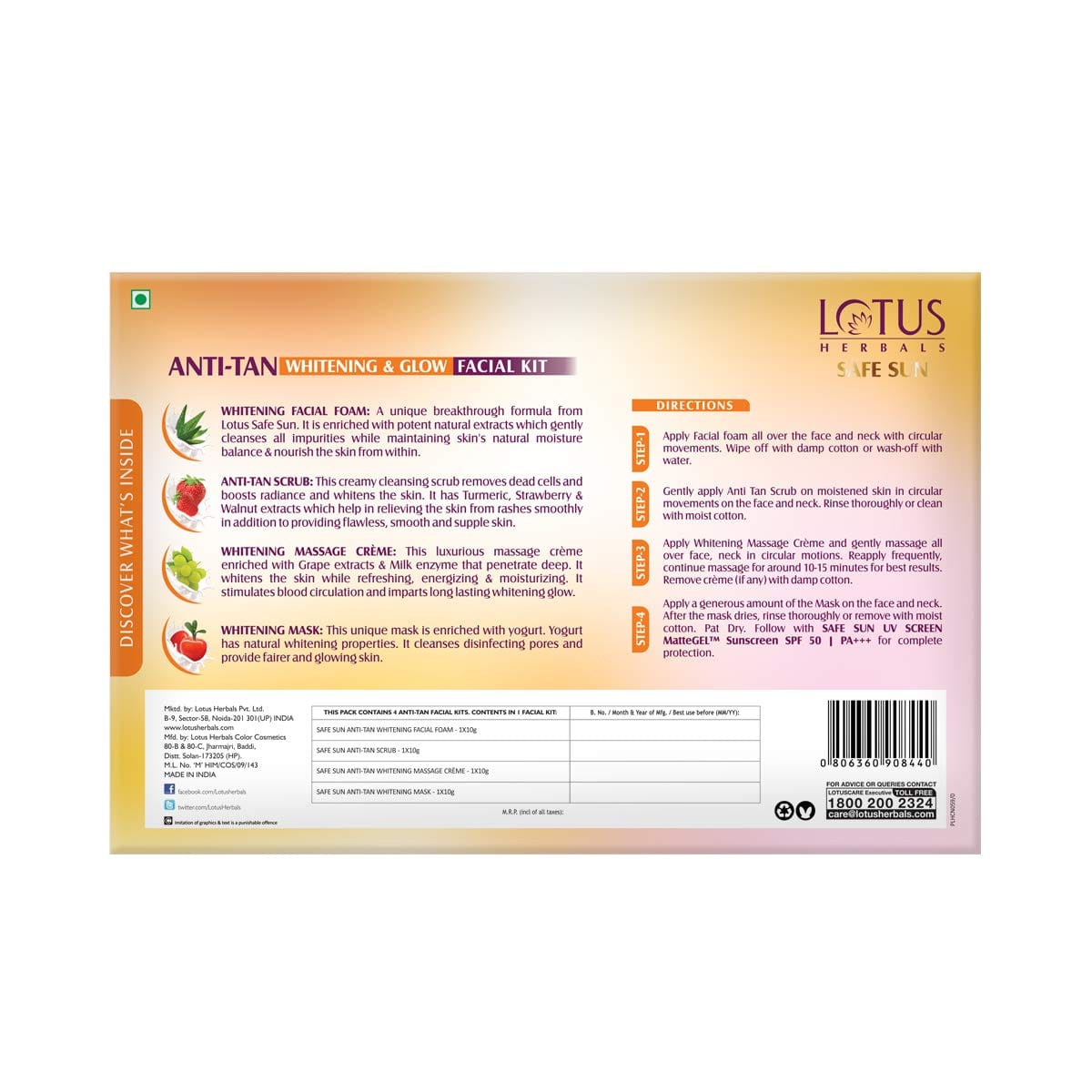 Lotus Herbals - Safe Sun Anti Tan Whitening and Glow Facial Kit