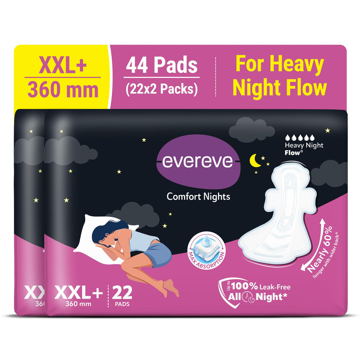 Evereve Comfort Nights Sanitary Pads XXL+ 360mm, 60% Longer with Wider back For All Night Care, Heavy Night Flow Absorption, Up to 100% Leak Protection, Rash-Fr