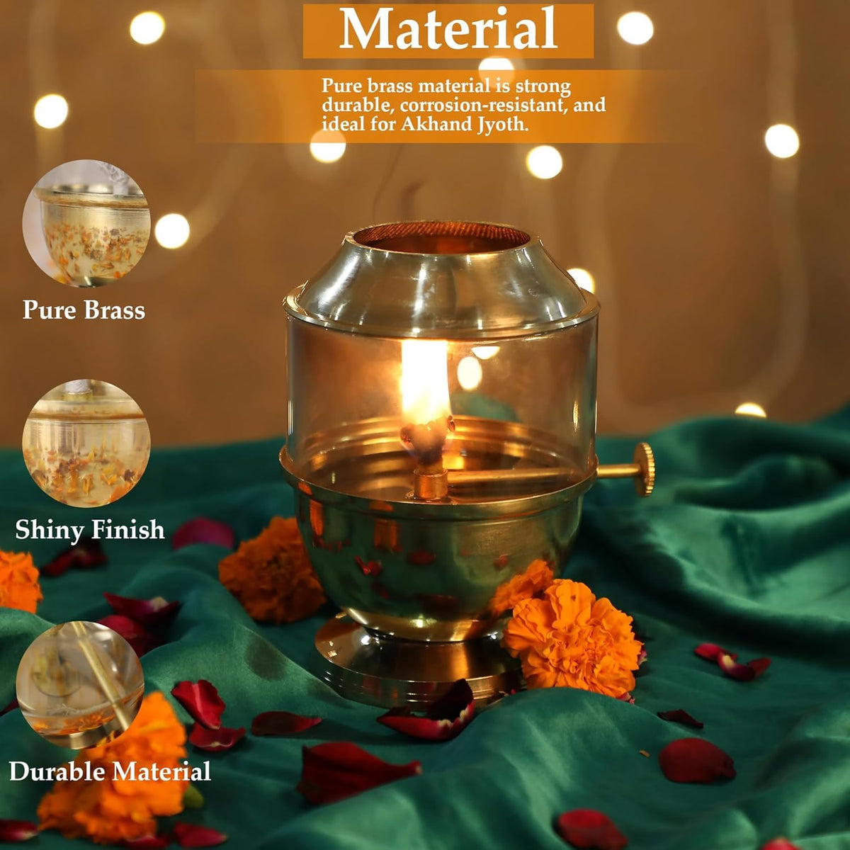 KBV Brass Akhand Jyoti Diya with Wick Adjustable Bati Knob & Borosilicate Glass Cover 250 ml Oil Capacity, Burns Up to 48 Hours, Includes Wick