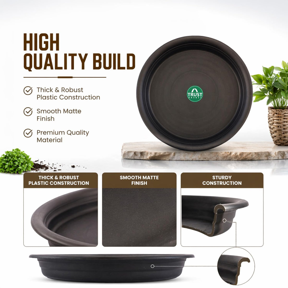 TrustBasket UV Treated Round Bottom Tray/Plate/Saucer Suitable for 10 inch Round Plastic Pot - Set of 6 | Heavy Duty Highly Durable Plant saucerGamla for Indoor