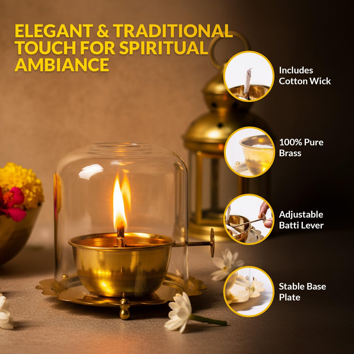 PrettyKrafts 250ml Brass Akhand Jyot Diya with Adjustable Bati Knob, Wick Lifting Screw Lever & Borosilicate Glass Cover (Large Size, 250ml Oil Capacity, Burns