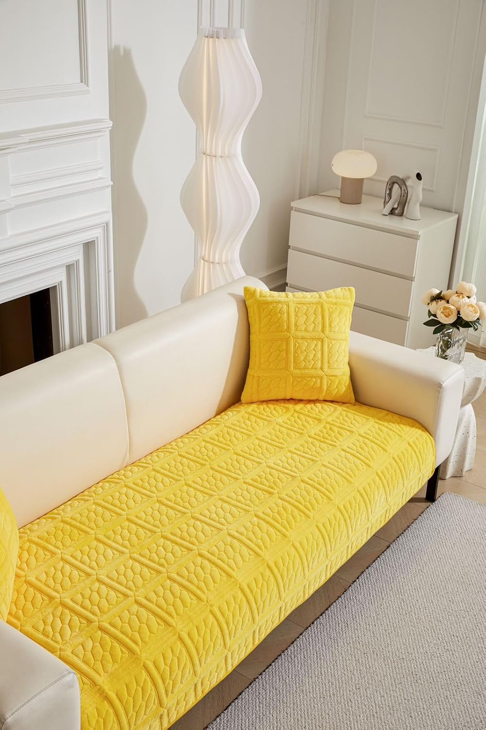 HOMETHREADS Innovative Premium Velvet Sofa Cover Mat with PVC Backing for Non-Slip Comfort | Pack of 1 (Yellow_Stone, 5 Seater | 70x230cm)