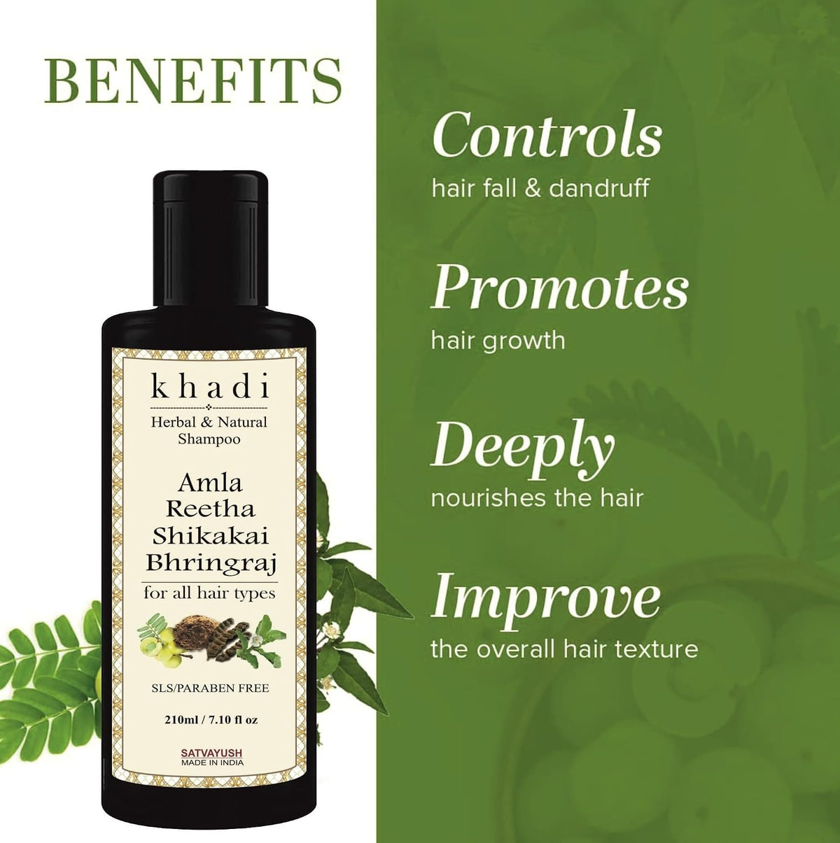 Khadi Amla Reetha Shikakai Bhringraj SLS-Paraben free Ayurvedic Shampoo Anti Dandruff -210 ml 210 ml (Pack of 1)