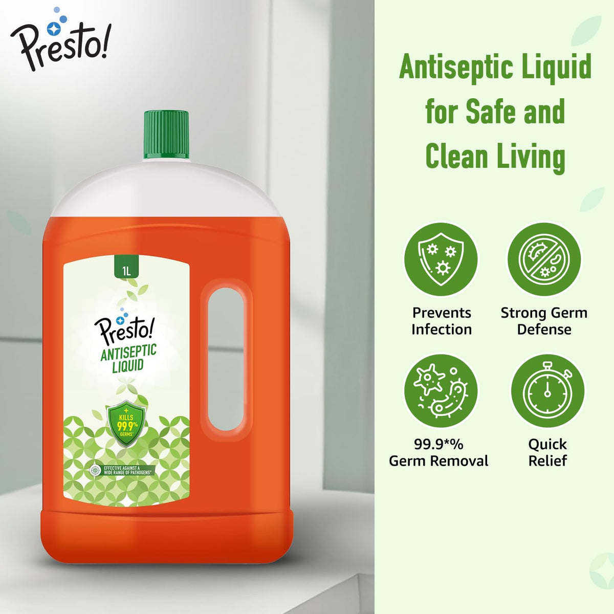 Amazon Brand – Presto! Antiseptic Liquid for First Aid, Personal Hygiene & Surface Disinfection, Multipurpose Household Antiseptic| 1 L 1 l (Pack of 1)