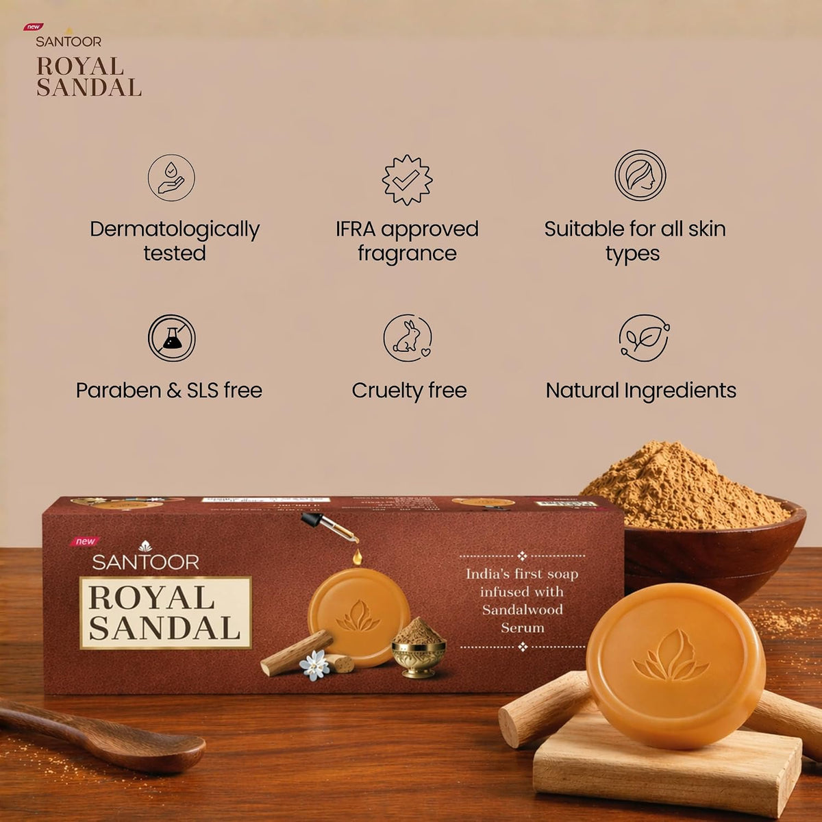 Santoor Royal Sandal Soap | Infused with Sandalwood Serum | Tan Removal | 100% Pure Sandalwood Oil & Powder | Helps Reduce Tan for Even-Toned, Glowing Skin | 15