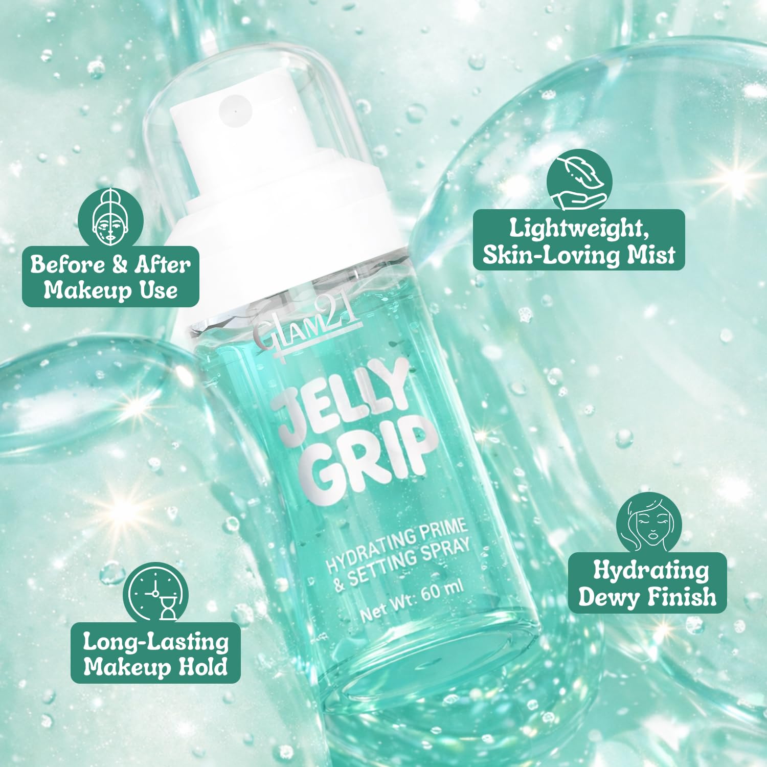 Glam21 Jelly Grip Hydrating Setting Spray & Primer Mist with Aloe Vera & Sodium Hyaluronate – Lightweight Dewy Finish Makeup Grip Spray, Long-Lasting Smudge-Proof Hold | 60ml