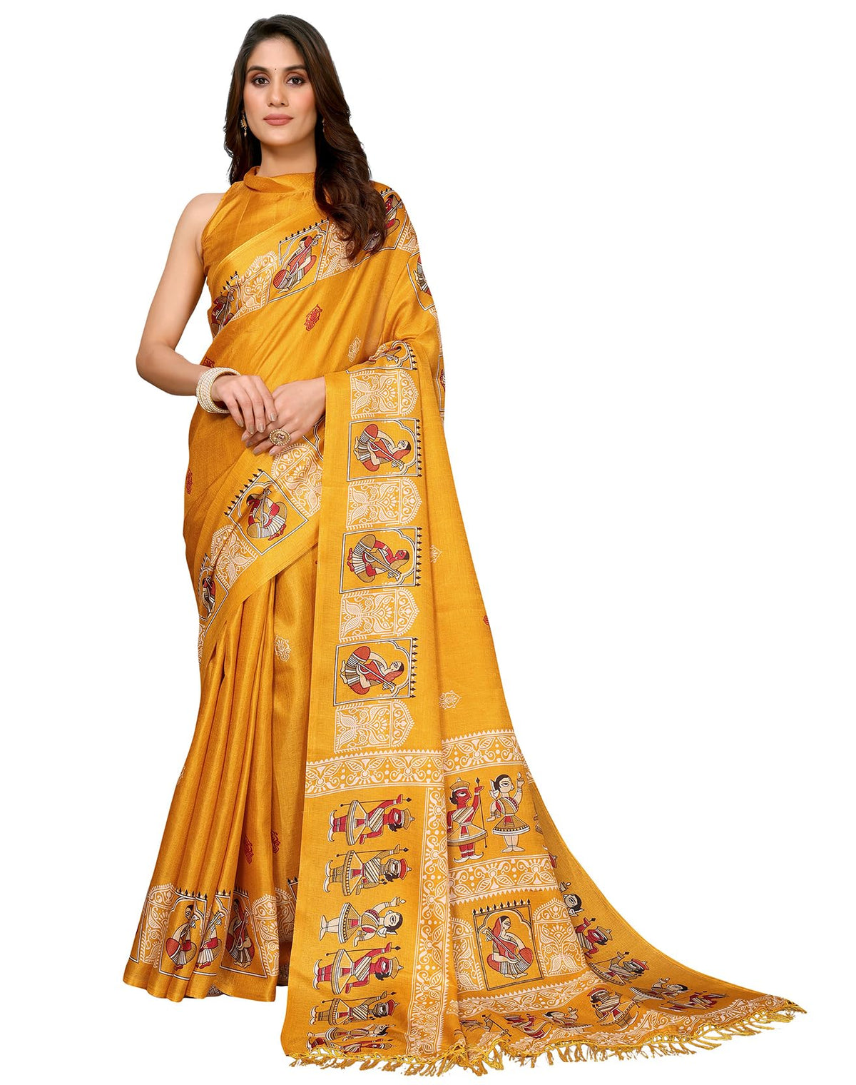 Yashika Womens Silk Pom Pom Woven Saree with Unstitched Blouse One Size Yellow