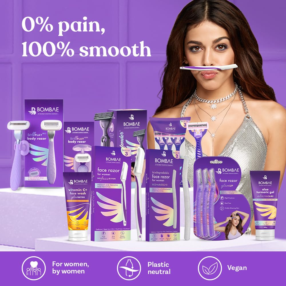 Bombae Reusable Face Razor For Woman Facial Hair - 3 Eyebrow Razor| Instant Glow & Painless Hair Removal | For Eyebrows, Upper Lip, Chin, Peach Fuzz, Forehead,
