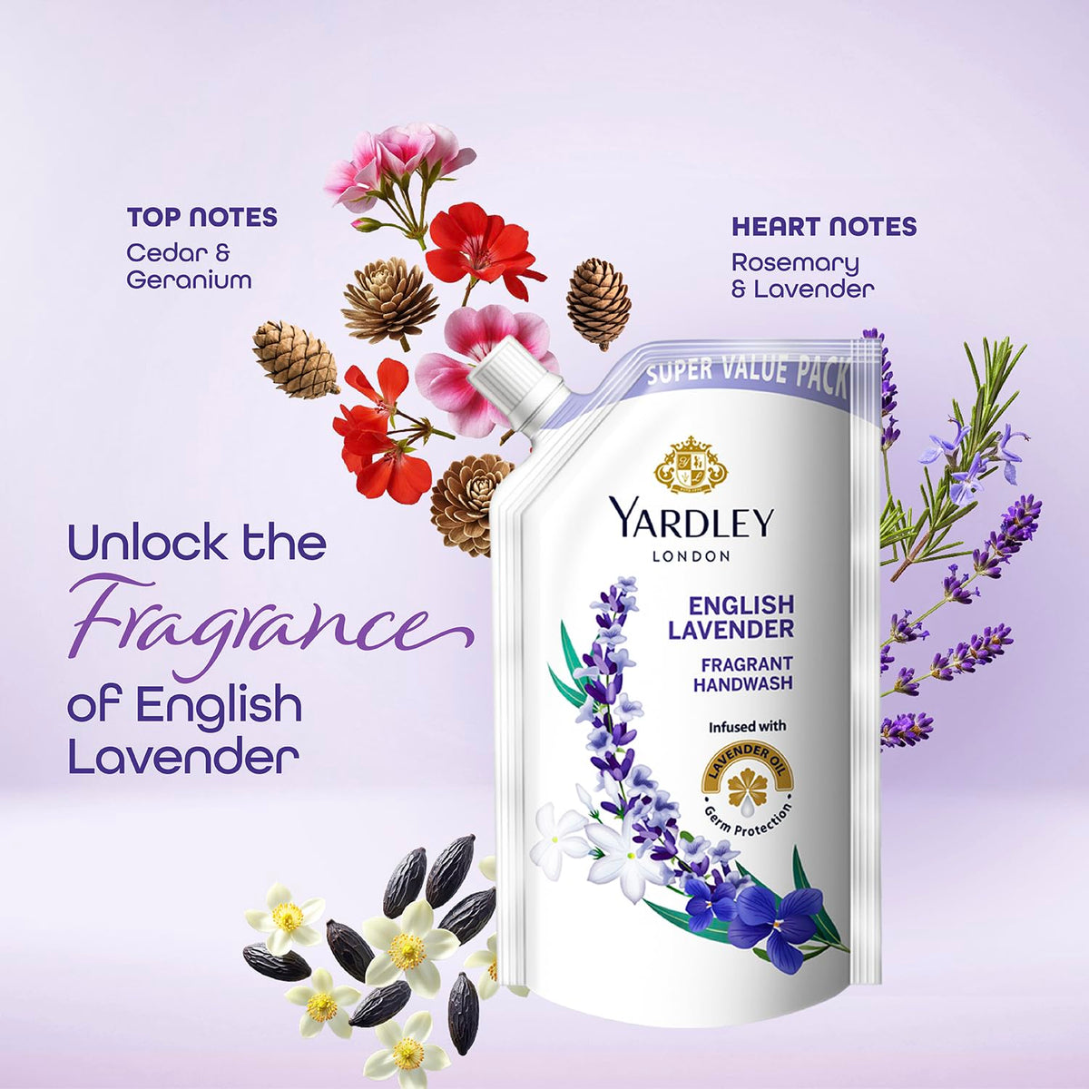 Yardley London English Lavender 600ml Pack of 2 Fragrant Handwash| Infused with Pure Lavender Oil| Germ Protection| For Soft & Fragrant Skin Lavender 600 ml (Pa
