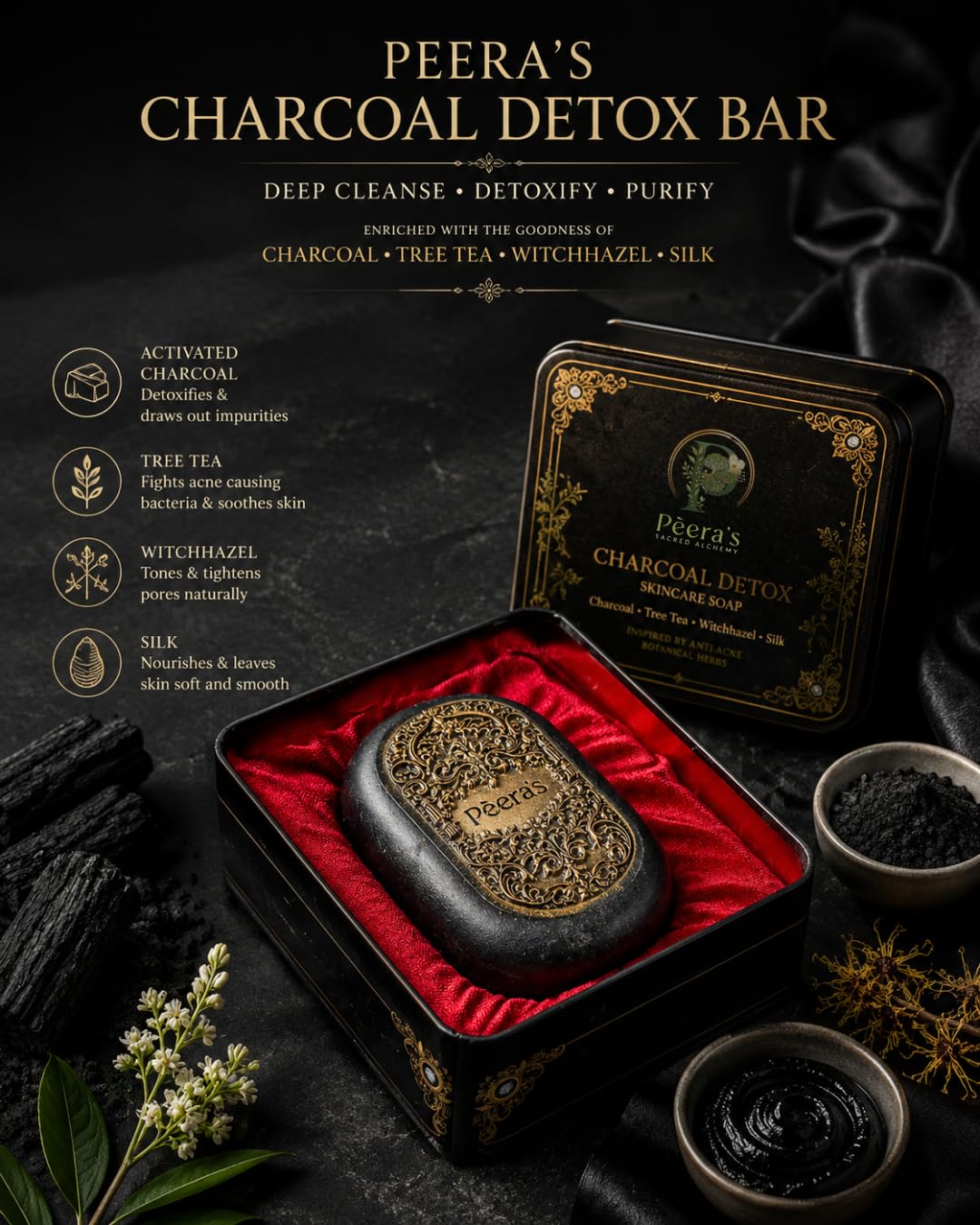 Pèera's Sacred Alchemy Charcoal Detox Skincare Soap Bar with Activated Charcoal, Tea Tree Oil, Witch Hazel, Silk Extract, Deep Cleansing