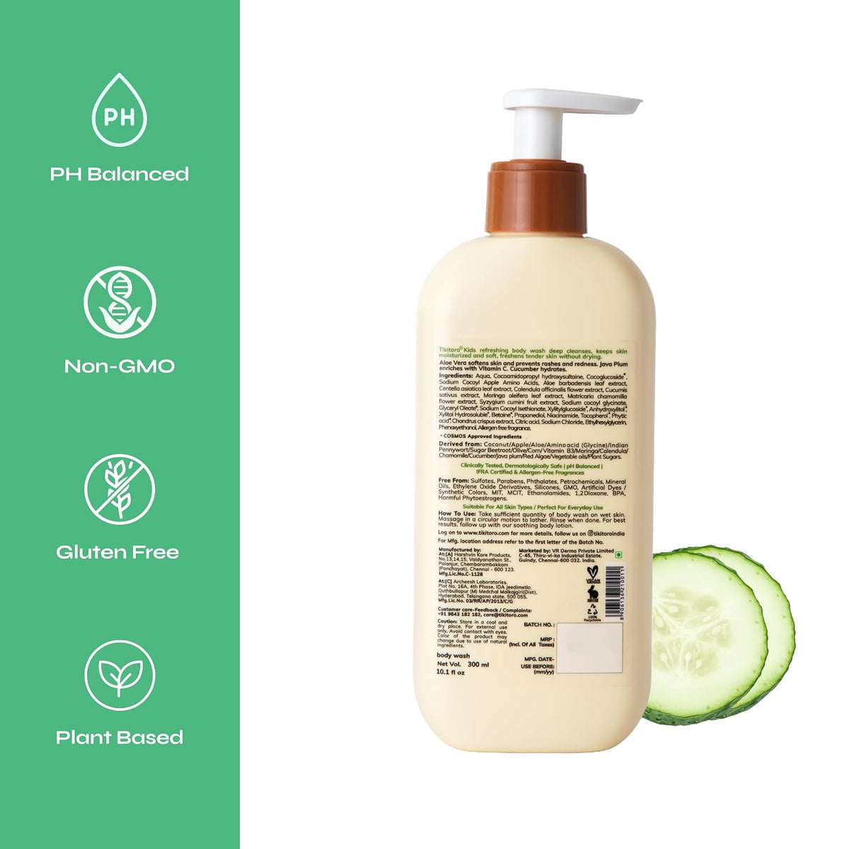 Tikitoro Kids Refreshing Body Wash | Pediatrician Approved | Deeply Cleanses, Hydrates & Refreshes Skin | Cucumber, Java Plum, Vitamin C & Aloe Vera | No Parabe