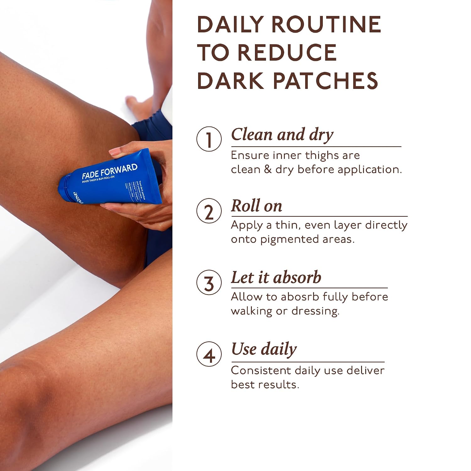 Asaya Fade Forward Inner Thigh & Bum AHA Roll-On | Pigmentation Removal Serum For Dark Inner Thighs & Buttocks | For Women & Men | Non-Sticky & Soothing | MelaMe™ Complex, 10% AHAs & PHA, Inulin | 70ml