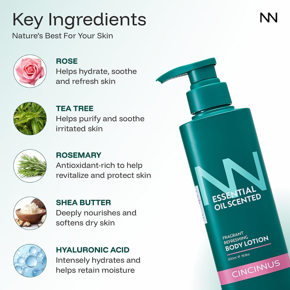 Cincinnus Fragrant Refreshing Body Lotion moisturizer with Hyaluronic Acid, Damascus Rose, Tea Tree, Rosemary & Shea Butter | Lightweight body lotion for summer