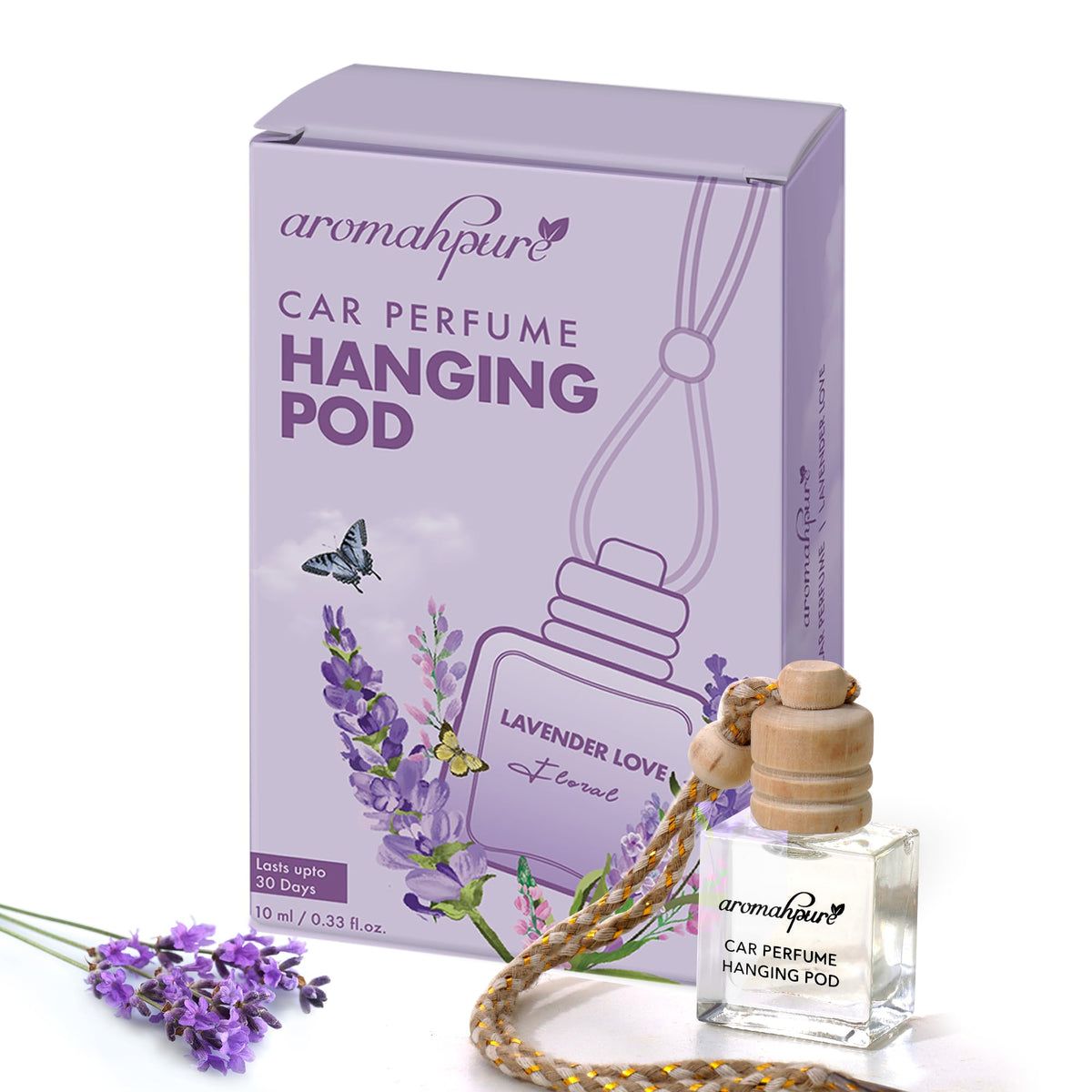 Aromahpure Premium Car Perfume Hanging Pod |10 ML |French Lavender Fragrance Car Air Freshener |Natural Fragrance Oils in Glass Bottle with Wooden Diffuser Lid