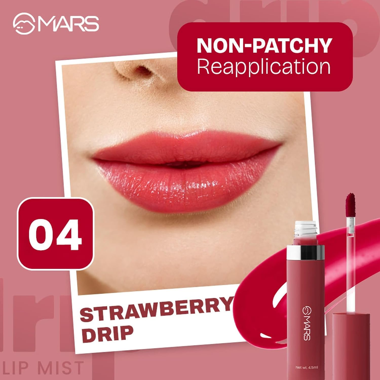 MARS Drip Lip Tint for Women (4.5 ml) (04-Strawberry Drip) | Lightweight & Long-Lasting | Comfortable Long Wear | Non-patchy Reapplication |Buildable Color, Glossy Finish
