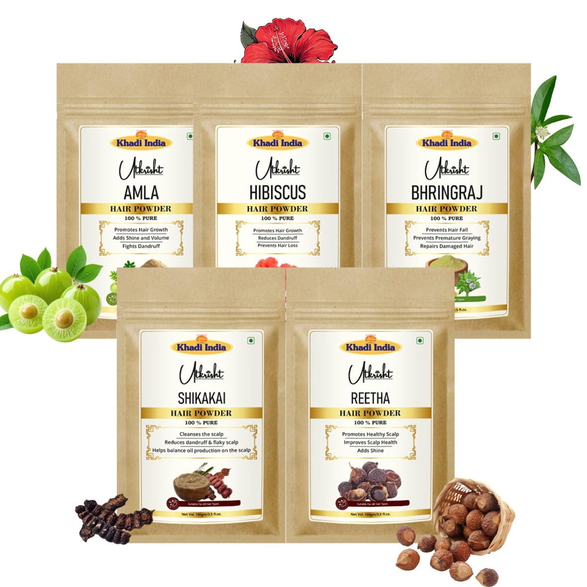 Khadi Utkrisht Amla, Bhringraj, Shikakai, Reetha, & Hibiscus Hair Growth Powder Combo | 100% Natural Herbal Hair Care | Controls Hair Fall & Boosts Volume - 500