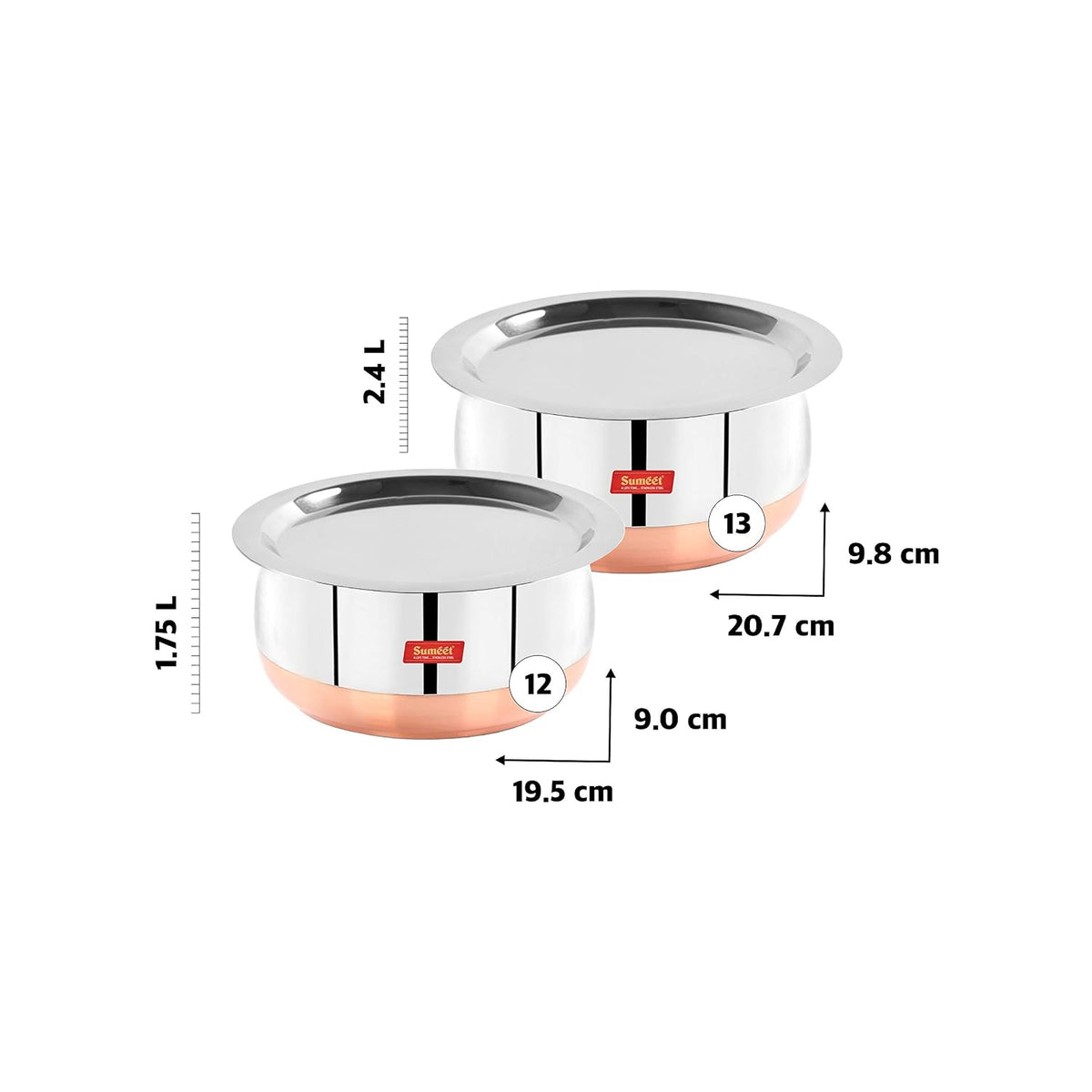 Sumeet Stainless Steel Copper Bottom Belly Shape 2 Pc Tope/Cookware/Pot Set with Lid 1.75 liter , 2.4 liter (Silver) 2PC 1.75Ltr & 2.4Ltr