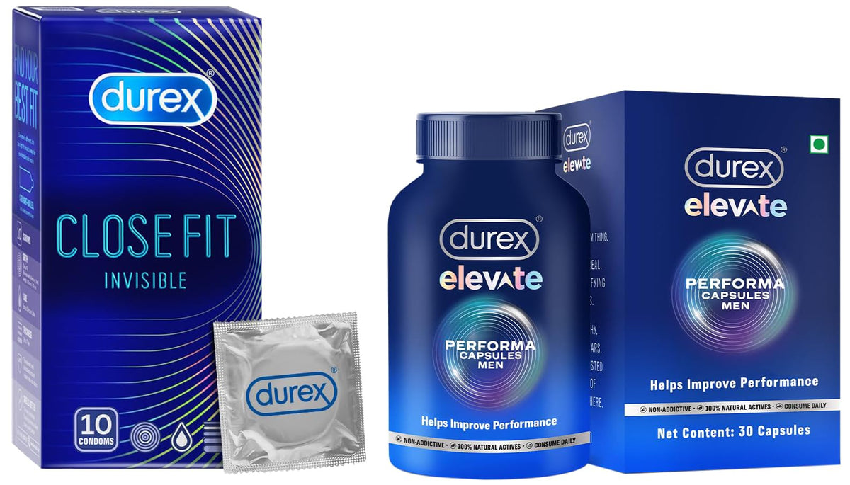 Durex Elevate Performa Shilajit Capsules For Men with Durex Close Fit Invisible Condoms for Men - 10s | Ultra Thin Condom