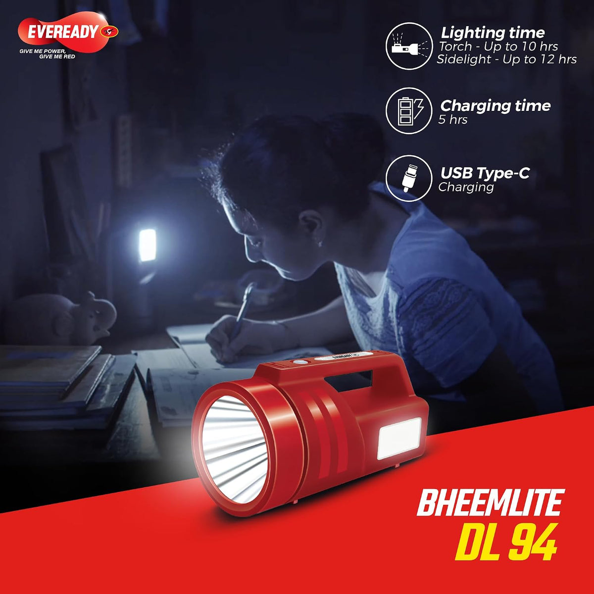 Eveready Bheemlite DL94 Rechargeable LED Torch & Sidelight, USB-C, 4 Modes